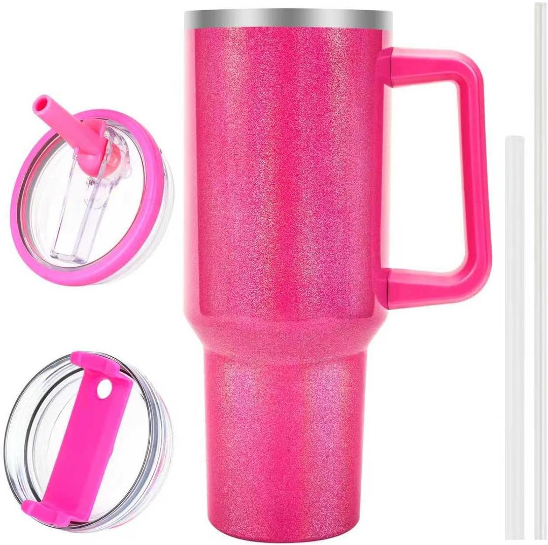 40 oz Tumbler with Handle and Flip Straw Lid, Vacuum Insulated Leak Proof Double Walled Stainless Steel Glitter Travel Mug Tumblers, Maintains Cold Ice and Heat for Hours(Hot Pink)