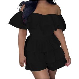 Xiaojmake Women's Off Shoulder Jumpsuits Wrap Tie Up Back Ruffled Layer Short Sleeve Romper Overalls Tiered Short Jumpsuits Black S