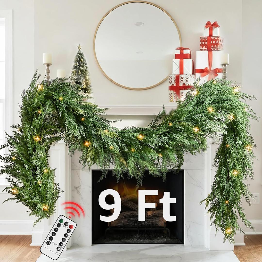 Christmas Cedar Garland Realistic with Lights - Cypress Decorations 9ft for Mantle Lighted Faux Pine Garlands for Xmas Home Decoration Indoor Stairs Railing Fireplace 9 Ft Outdoor Prelit Door Decor
