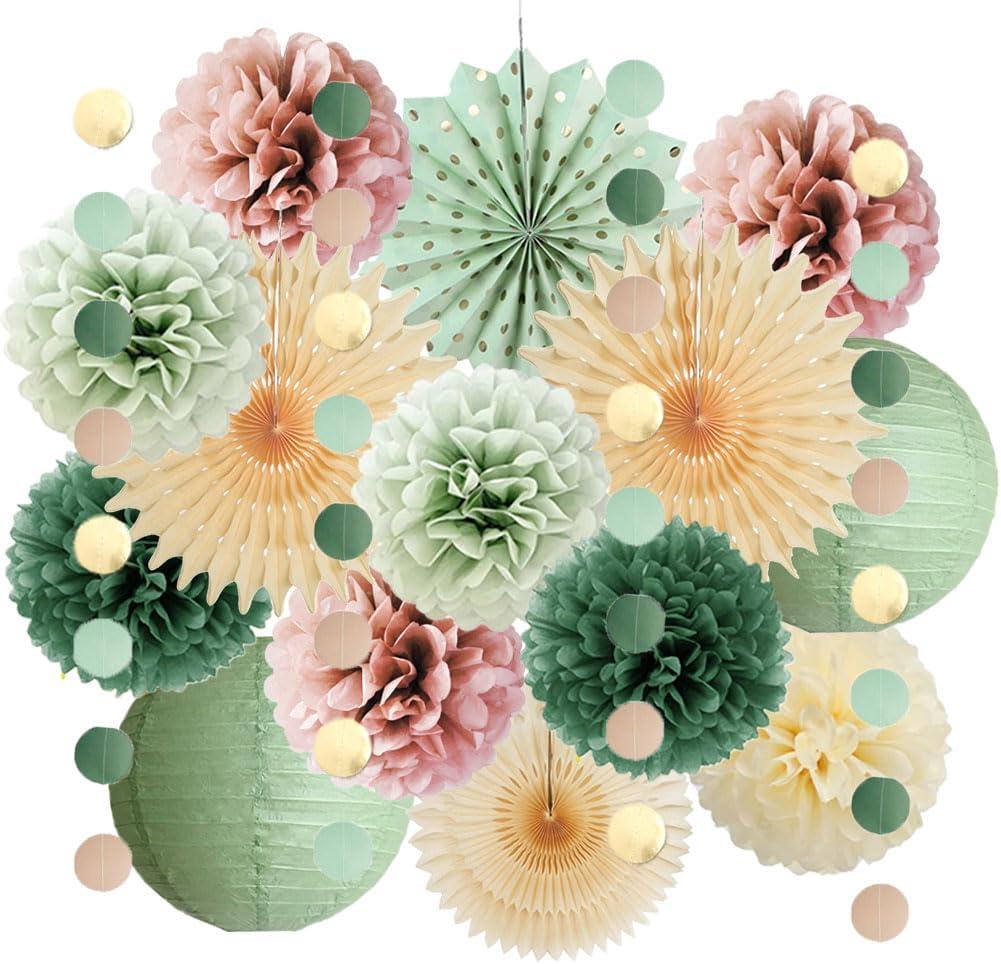 Sage Green and Dusty Pink Party Decorations Retro Olive Sage Green and Dusty Rose Party Decorations Cream Poms Beige Fans for Boho Pink Birthday Baby Shower Bridal Shower Wedding Engagement