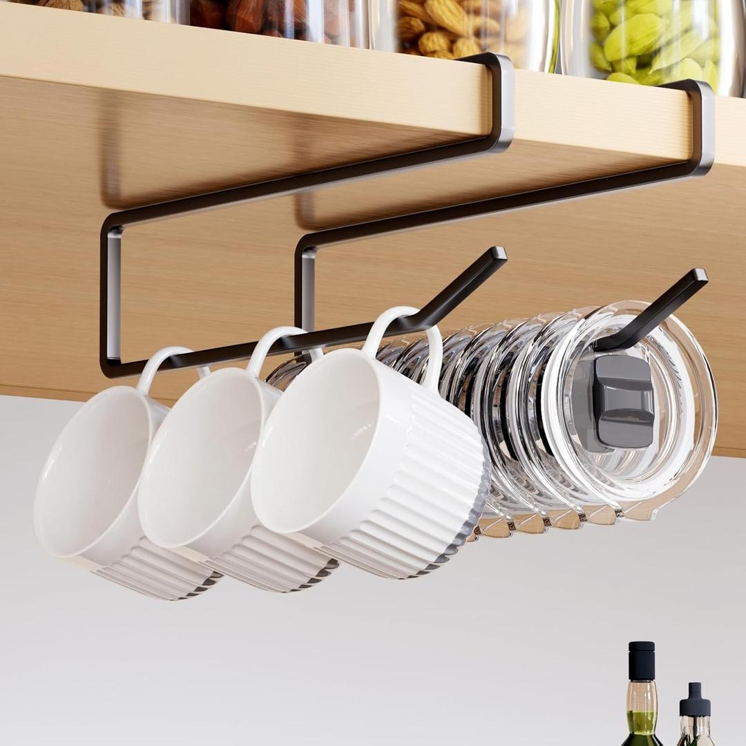 Tumbler Lid Organizer Inside Cabinet,6PCS Coffee Mug Holder, Space Saving Cup Rack for Kitchen Storage Organization, Paper Towel Holder Under Cabinet