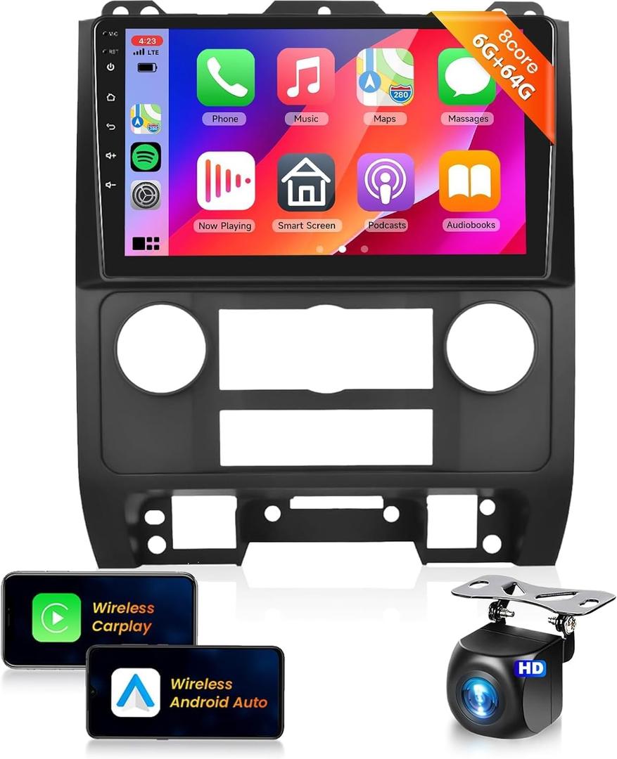 8Core 6G+128G for Ford Escape/Ford Kuga/Mazda Tribute 2007-2012 Car Stereo Radio with Wireless CarPlay Android Auto/9inch 1280x720P IPS Touchscreen/BT5.0/GPS/WiFi/DSP 46EQ/Backup Camera