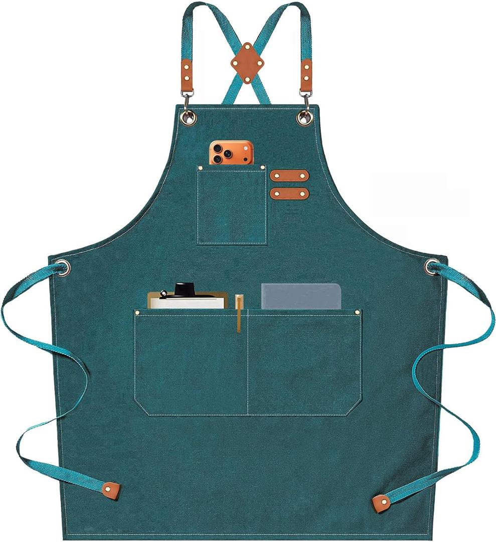 AFUN Chef Aprons for Men Women with Oversized Pockets, 16-Ounce Cotton Canvas Cross Back Heavy Duty Work Apron (Dark Green)