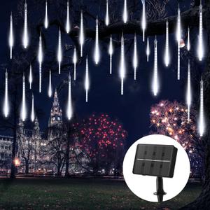 Brightown Solar Meteor Shower Lights Outdoor - 576 LED Rain Drop Lights with 16 Tubes, 16 Inches - Solar Powered Christmas Decorations for Tree Bushes Holiday Party Christmas Decor, Pure White