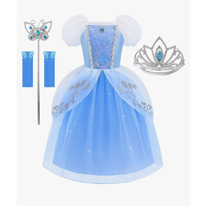 Princess Dress for Girls Puff Sleeves Princess Costume Blue Fancy Dress Up for Halloween Cosplay Party Carnival 4T-4/110