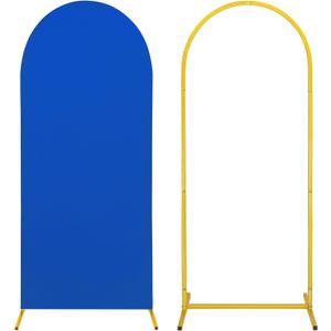Metal Arch Stand and Cover Set,1 Royal Blue Spandex Fitted Backdrop with 1 Gold Wedding Arched Stand Frame for Parties Birthday Baby Shower Bridal Banquet Decoration (4FT)