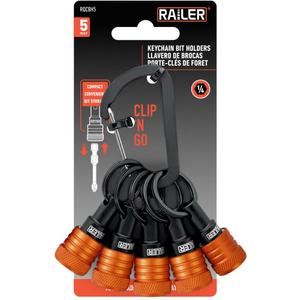 Railer Bit Holder Keychain 5pc - 1/4 inch Hex Shank Aluminum Alloy Bit Holders - Quick Release Bit Holder for Nut Driver, Screwdriver & Drill Bits w/Carabiner - Tool Gifts for Men (Orange)