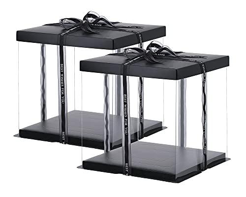 XININSUN 3 Pcs Large Cake PET Clear Box, 10" X 10" X 9" with ribbon and pre-folded lid, for 8" cake packing carry, baking cookie display, Carry Tall Layer Gift, Festive Gift Box -Black