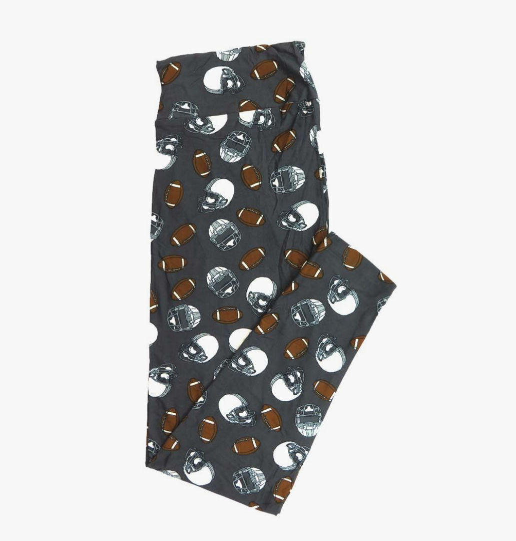 Lularoe Tall Curvy (TC fits Sizes 12-18) Sports Footballs Helmets Gray White Brown Buttery Soft Adult Leggings, 1 Pack