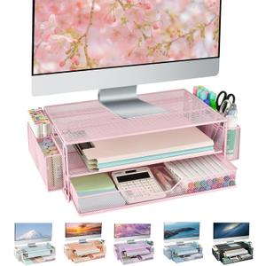 AUPSEN Computer Monitor Stands with Drawers and 2 Pen Holder, Desk Accessories & Workspace Desk Organizers, Monitor Stand for Computer, Laptop, Printer, Office Supplies,(Pink)