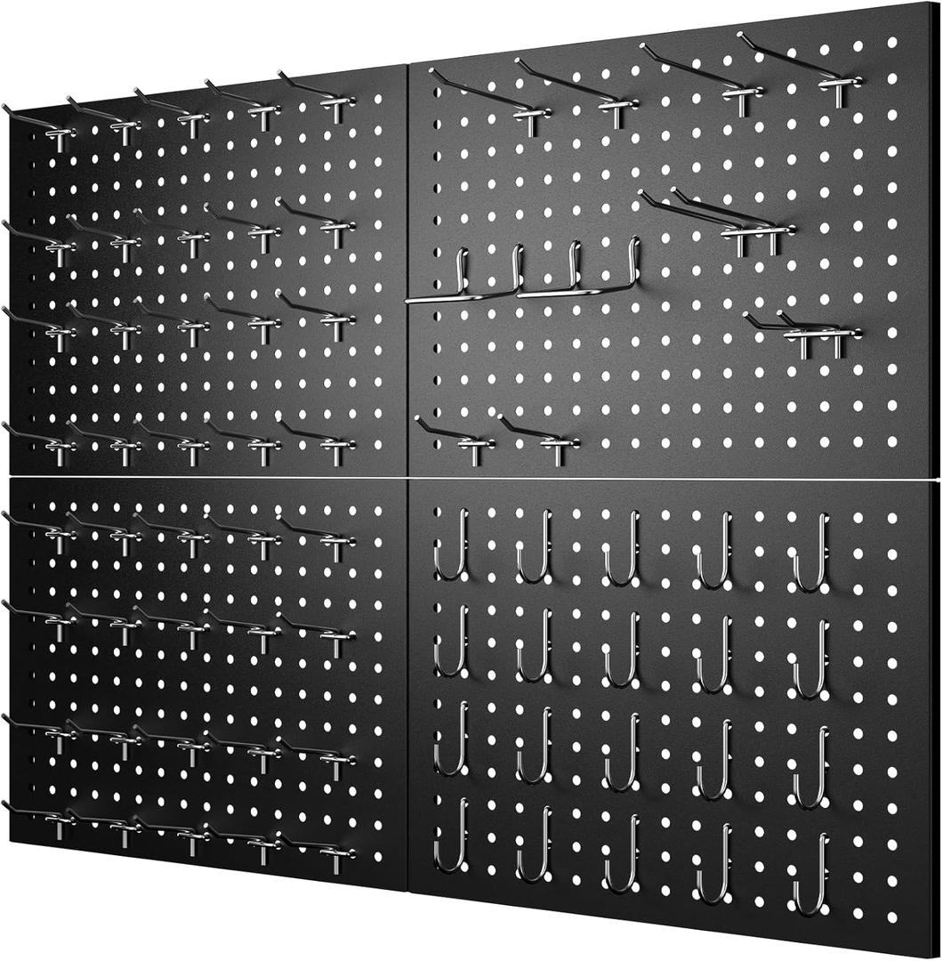 74PCS Pegboard Wall Organizer, 4 Pack Metal Pegboard Panels with 70 Hooks, 32" x 24" or 64" x 12" Black Peg Board for Walls, Garage, Craft Room, Cold-Rolled Steel
