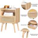 Lerliuo Rattan Nightstand, Boho Side Table with Drawer Open Shelf, Cane Accent Bedside End Table with Solid Wood Legs for Bedroom, Dorm and Small Spaces (Natural)