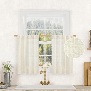 LAMIT Short Kitchen Linen Curtains 30 Inch Length for Small Windows, Cream Ivory Semi Sheer Light Filtering Panels Back Tab and Rod Pocket Cafe Drapes for Half Window, 2 Panels, 25 x 30 Inch