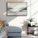 VIYYIEA Large Framed Canvas Wall Art, 24x36 Inch Abstract Coastal Landscape Art Print, Soft Blue and Green Neutral Ocean Wall Decor for Living Room Bedroom Home Office