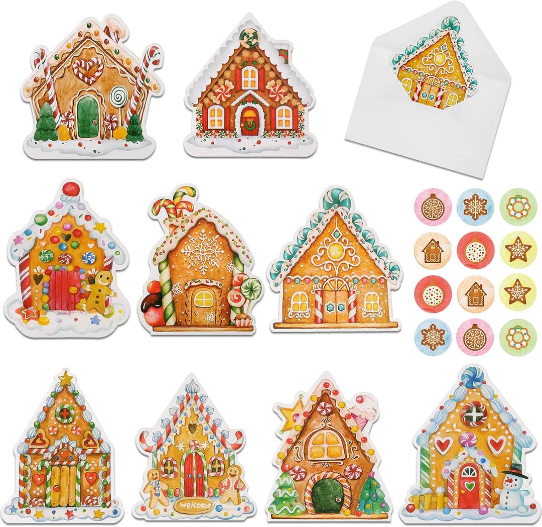 Hotop 36 Set Christmas Cards Gingerbread House Greeting Cards for Kids with Gingerbread Stickers and Envelopes Cute Funny Folding Christmas Cards for Card Making Christmas Party DIY Cards Supplies