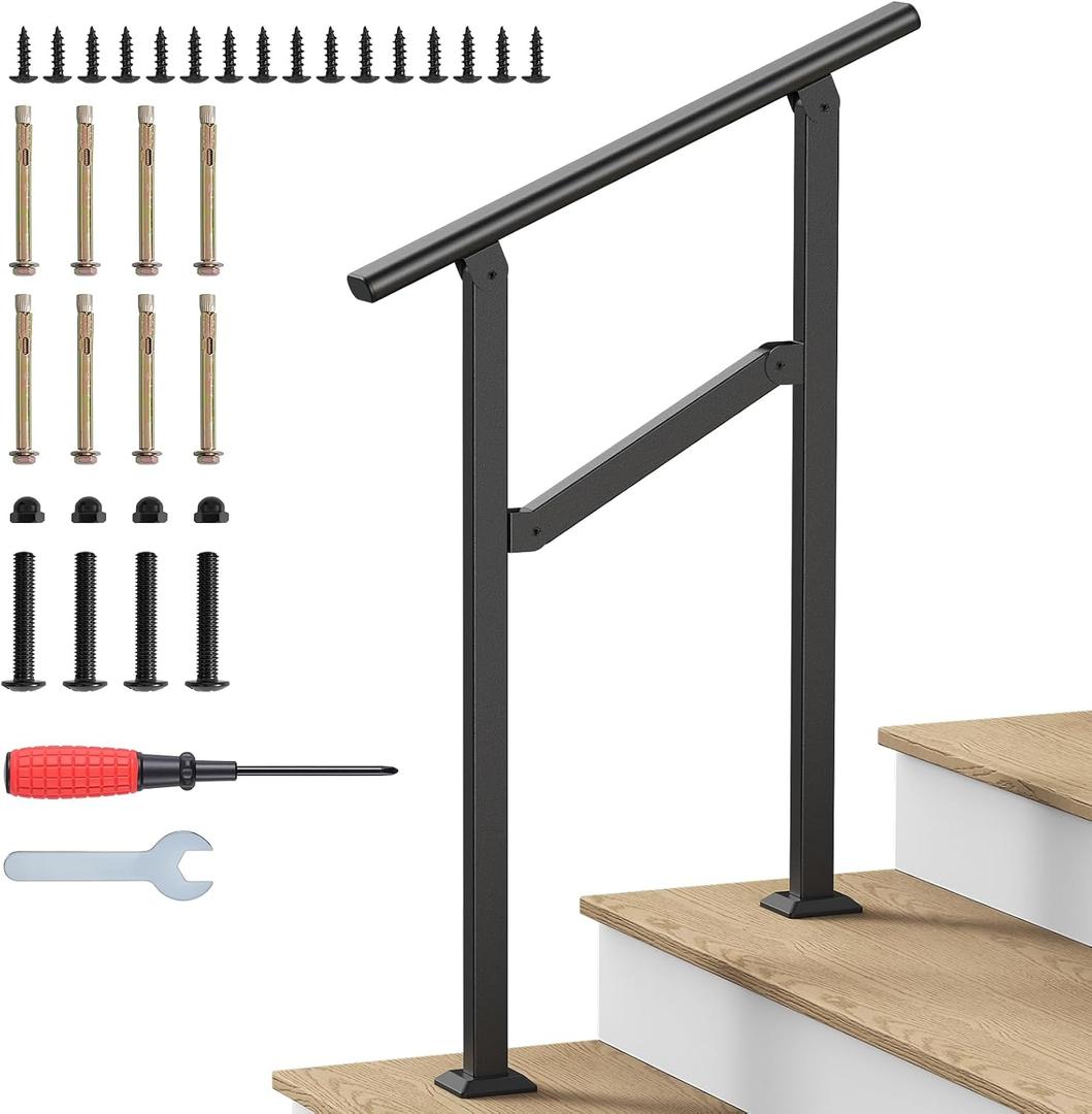 Hand Rails for Outdoor Steps, 2-5 Steps Wrought Iron Handrails for Outdoor Steps, Stair Railing for Porch, Home, Garden, Indoor, Staircase Handrails for Wooden, Cement, Brick, Marble (2 Steps)