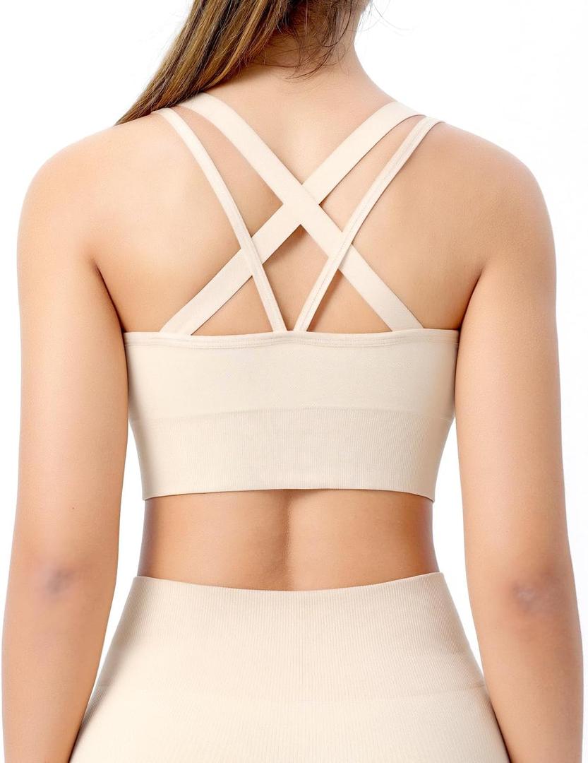 2 x Sports Bras for Women, Criss-Cross Back, Adjustable Wire-Free Medium Support Workout Bra with Removable Cups (XX-Large, Nude)