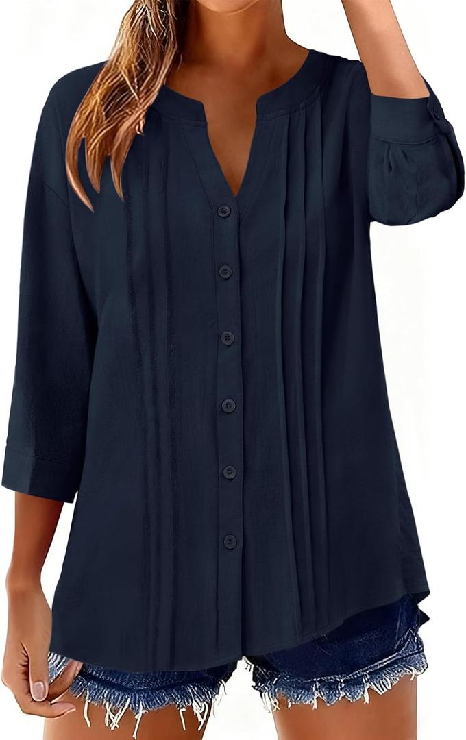 Micoson Womens 3/4 Sleeve Tops Cotton Linen Button Down Shirts V Neck Pleated Casual Loose Blouses Roll Up Sleeve Shirt (XX-Large, 1-navy Blue)