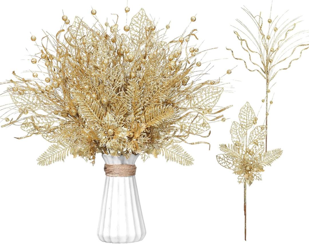 Yunlly 24 Pcs Gold Christmas Tree Picks and Sprays Glitter Berry Stem Branches Artificial Christmas Picks Twigs Xmas Tree Ornaments for DIY Xmas Wreath Vase Filler Decorations