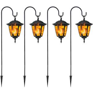 Dynaming 4 Pack Solar Flame Hanging Lights Outdoor, Halloween Solar Flickering Flame LED Garden Lanterns with 4 x 38 Inch Shepherd Hooks, Christmas Lighting for Lawn Patio Yard Pathway Driveway (Warm White)