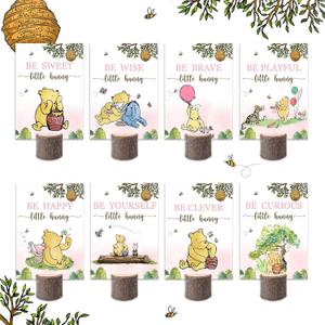 13Pcs Vintage Pooh Bear Baby Shower Centerpieces and Wooden Stands, Pink Classic Bear Party for Table Decorations, Double Side Oh Baby The Pooh Theme Party Supplies Decorations for Baby Girl