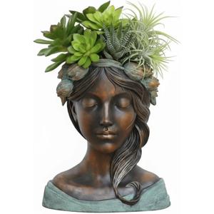DiliComing Head Planter Face Plant Pots - 10 Inch Flower Pot Succulents Large Outdoor Planters Indoor with Drainage Resin Lady Bronze Statue for Garden Home Decor Porch Gift for Plant Lovers