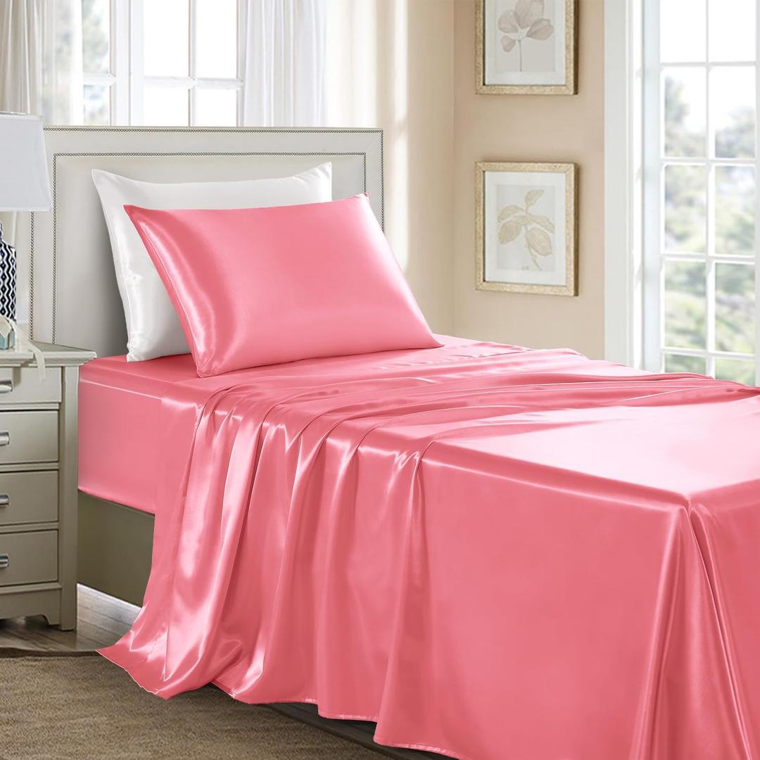Satin Sheets Twin XL Size - 3 Pieces Luxury Silky Soft Bed Sheets, Wrinkle-Free Pink Satin Silk Sheet Set with 1 Deep Pocket Fitted Sheet, 1 Flat Sheet, 1 Pillow case