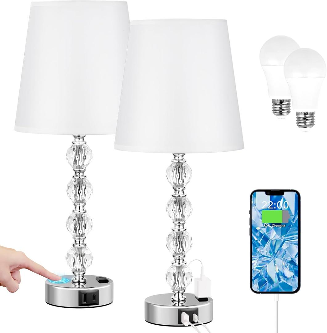 Bedside Lamps for bedrooms Set of 2 Nightstand - Large Crystal Table Lamps with USB C Charging Ports and AC Outlet, 3 Way Dimmable Touch Control Silver Bed Side Table Lamp for Living Room/Dining Room (17.5in)