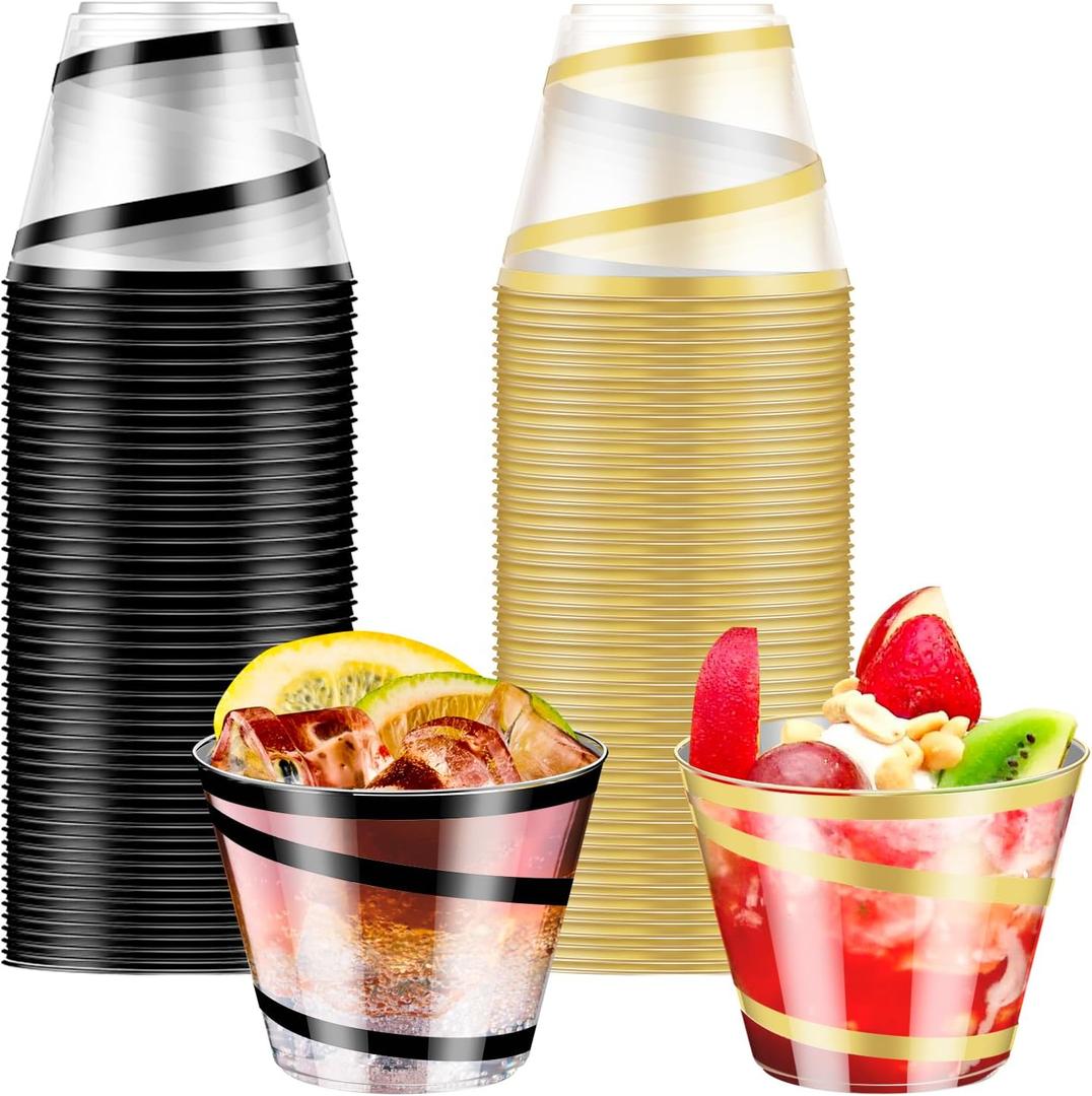 Dualshine 100 PCS Black and Gold Rimmed Swirl Clear Plastic Cups, 9 oz Disposable Plastic Wine Glasses, Heavy Duty Cocktail Glasses Cups for Party, Wedding,Birthday(50 Gold, 50 Black)