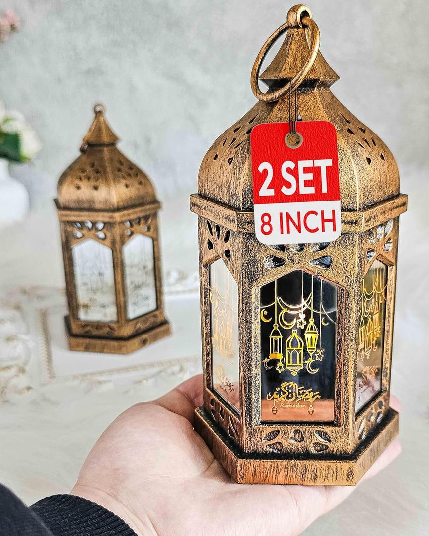 OLEEK Ramadan Lantern Lights (2PCs-8in)- Ramadan Decorations for Home 2026 - Ramadan Decor - Ramadan Lights - Ramadan Lanterns Decorative - Ramadan Lanterns for Kids - Ramadan Decoration