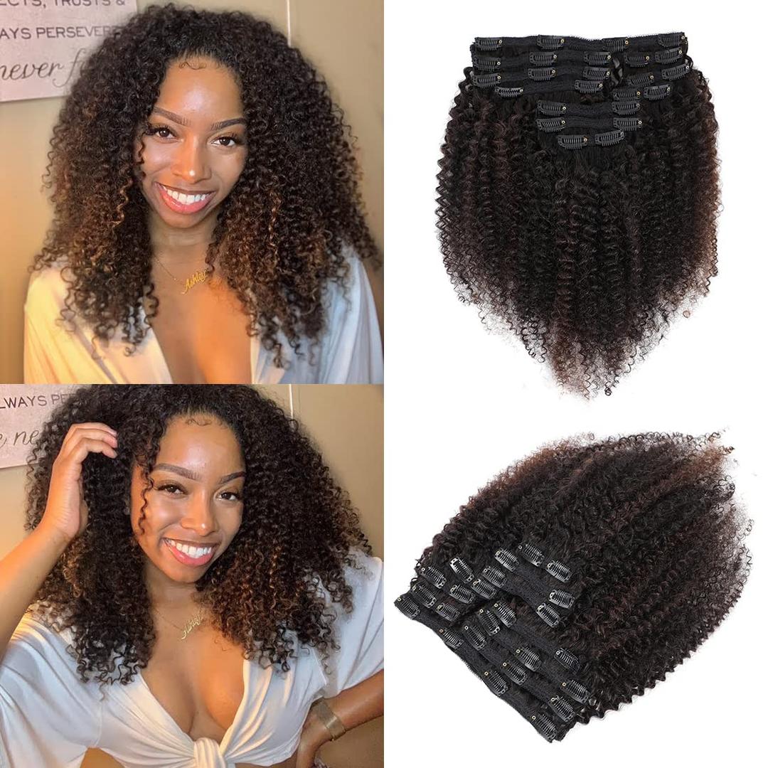 Real Human Hair Clip In Extensions - Natural Kinky Curly Hair for Black Women - 3c/4a - 1B/4 Color Highlight Real Human Hair Clip In Extensions - Natural Kinky Curly Hair for Black Women - 3c/4a - 1B/4 Color Highlight