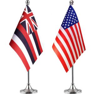 WXTWK 2 Pack American USA Hawaiian HI Desk Flag Small Mini US Hawaiian State Table Flags With Stand Base,United States State Festival Events Celebration Decorations