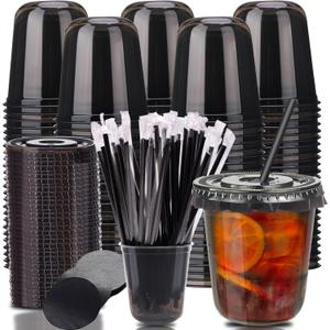 12oz Disposable Stemless Glasses with Flat Lids and Straws,PET Disposable Drinking Cups,Clear Plastic Wine Glasses for Parties Birthday,Wedding,Meeting,Christmas Party Supplies. (100, Black)
