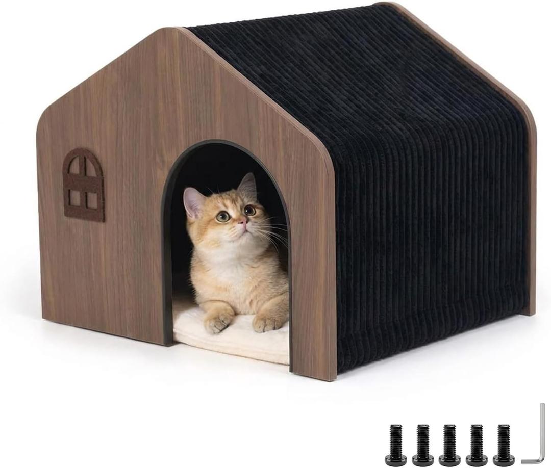 Modern Wooden Cat House Indoor E0 Grade Enclosed Cat Cave Bed with Washable Cushion, Eco-Friendly Non-Toxic Pet Furniture for Kittens & Medium Cats Up to 20 Lbs