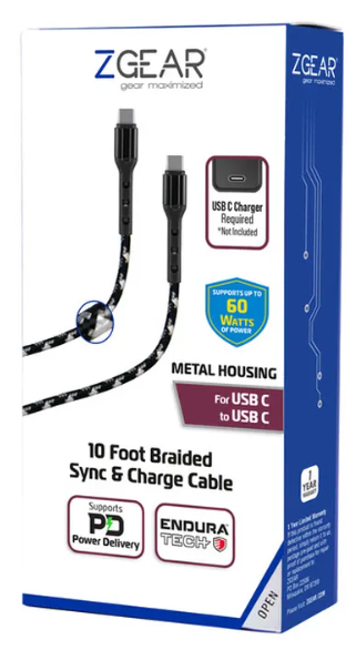 Zgear USB-C/C Fast Charge Braided Cable with EnduraTech, 10ftZGear 10Ft Enduratech USB