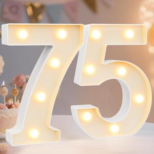 Pooqla Decorative Led Light Up Number Letters, White Plastic Marquee Number Lights Sign for 75th Birthday Party Wedding Decor Battery Operated Number (75)