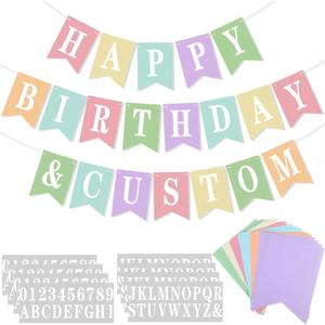Mooliwe 171 Pcs DIY Custom Banner Kit Make Your Own Customizable Sign for Birthday Wedding Party Decoration Include 20 Paper Pennant 148 Letters and Numbers 1 Rope 2 Threading Device (Pink)