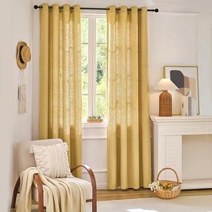 MISSTIAM Mustard Yellow Linen Window Curtain Panels with Grommets 52 inches Width 96 inches Length Set of 2, DIY Home Decor Drapes for Multiple Rooms