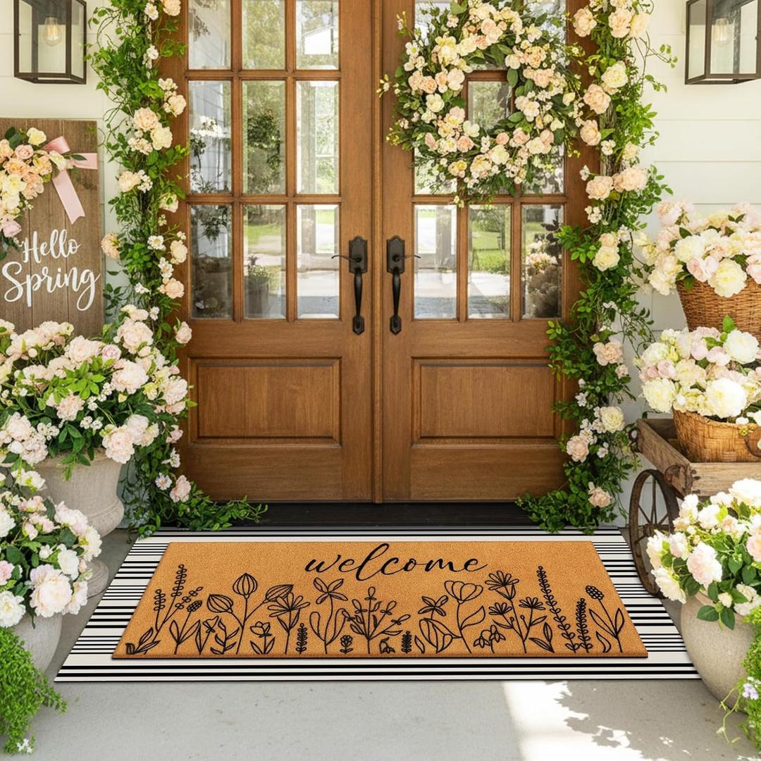 Tinideya 2 Pcs Spring Door Mat 17"x47" Wildflowers Welcome Non Slip Coir Mats Black White Plaid Large Floor Layering Flowers Doormats for Front Porch Entryway Decor
