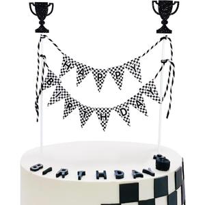 Happy Birthday Cake Topper Banner, Black and White Checkered Racing Theme, Trophy Design Cake Decoration, 8 Inch