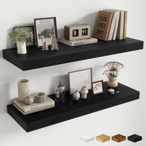 Fun Memories 12" Deep Floating Shelves for Wall, 36" W x 12" D Floating Shelves, Long Wood Floating Wall Shelf for Living Room Bathroom Bedroom Kitchen, Black, Set of 2