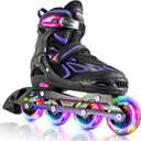 2PM SPORTS Vinal Girls Adjustable Flashing Inline Skates, All Wheels Light Up, Fun Illuminating Skates for Kids Men Adult Women and Boys (Medium - Big Kid (1-4 US), Violet & Magenta)