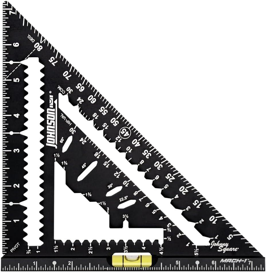 Johnson Level & Tool 1904-0700V 7-1/4" Johnny Square MACH-1 Smart Mark Rafter Square with Level Vial, Black
