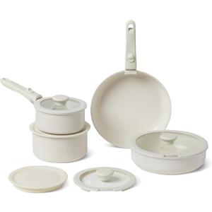 Amazon Basics Ceramic Nonstick Cookware Set with Detachable Handles, 11-Piece Stackable, All Cooktop Friendly, Oven-Safe, Dishwasher-Safe, Includes Saucepan, Frying Pan, Ivory