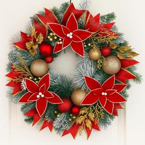 Knitgrip Pre-lit Christmas Wreaths for Front Door 13.7 Inches Christmas Poinsettia Wreath Decorations with Red Gold Ball Ornaments 20 LED Lighted Hoop for Xmas Outdoor Wall Window