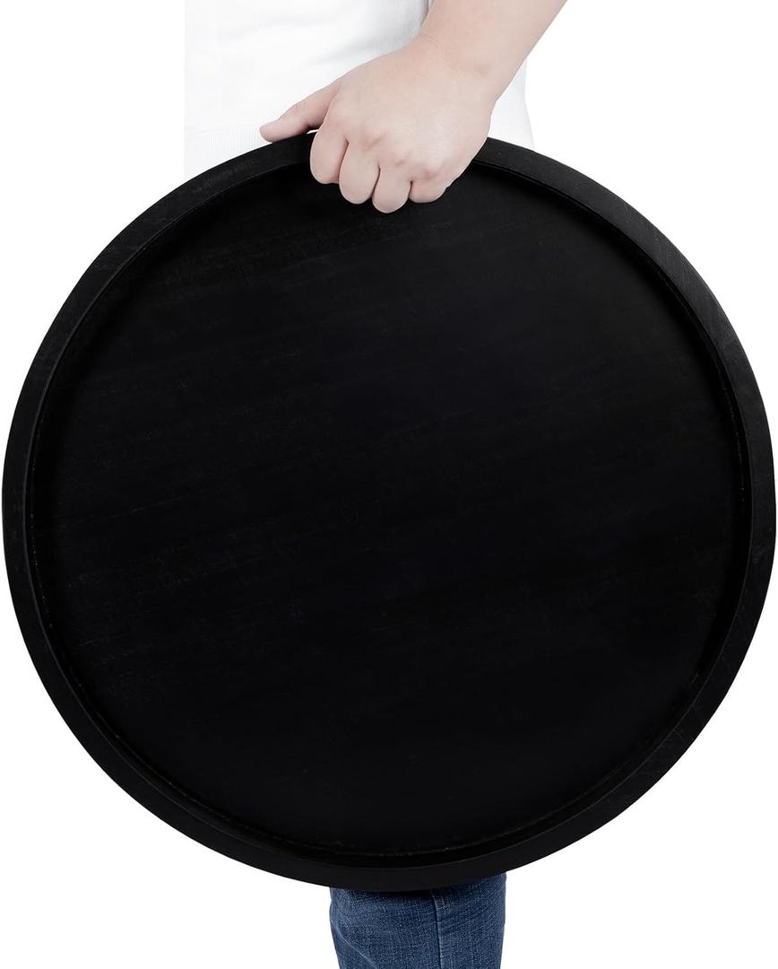 Round Ottoman Tray for Coffee Table Living Room Wood Serving Tray Large Wooden 24 Inches Black