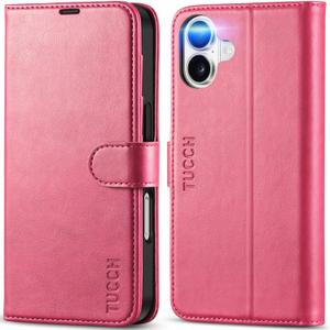 TUCCH Wallet Case for iPhone 16, Kickstand PU Leather Magnetic Protective Flip Cover with [RFID Blocking] [4 Card Slots] [TPU Interior Case] Compatible with iPhone 16 5G 2024, Hot Pink