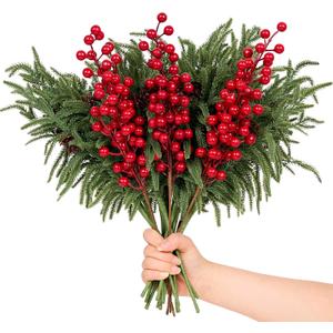 12 Pack Artificial Norfolk Pine Branches 17.7" Christmas Artificial Pine Stems with Red Berry Stems Fake Pine Needles Picks for Vase DIY Crafts Garland Wreath Xmas Indoor Home Decor