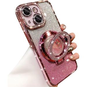 Changjia Glitter Kickstand Case for iPhone 15, Luxury Bling Sparkly Diamond Rhinestone with Camera Lens Protector Liquid Flowing Ring Stand TPU Bumper Slim Women Girls Case for iPhone 15 6.1" (Pink)