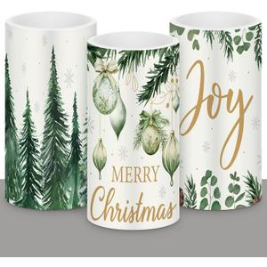 Retisee 3 Pcs Green Christmas Flameless Candles Pine Christmas Battery Operated LED Candles with Remote Green Xmas Decorations Centerpiece for Holiday Bedroom Living Room Xmas Home Decor